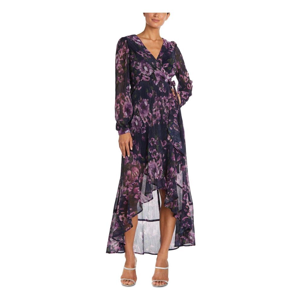 Nightway Womens Purple Stretch Metallic Tie Hi-lo Hem Pleated Ribbed Floral Long